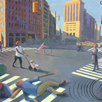 <em>A Fall in the City,</em>2024, 30 x 40", oil on panel